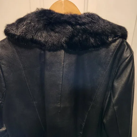 Wilson's Leather Womens Large Black Belted Leather Jacket Rabbit Fur Trim - Picture 5 of 12